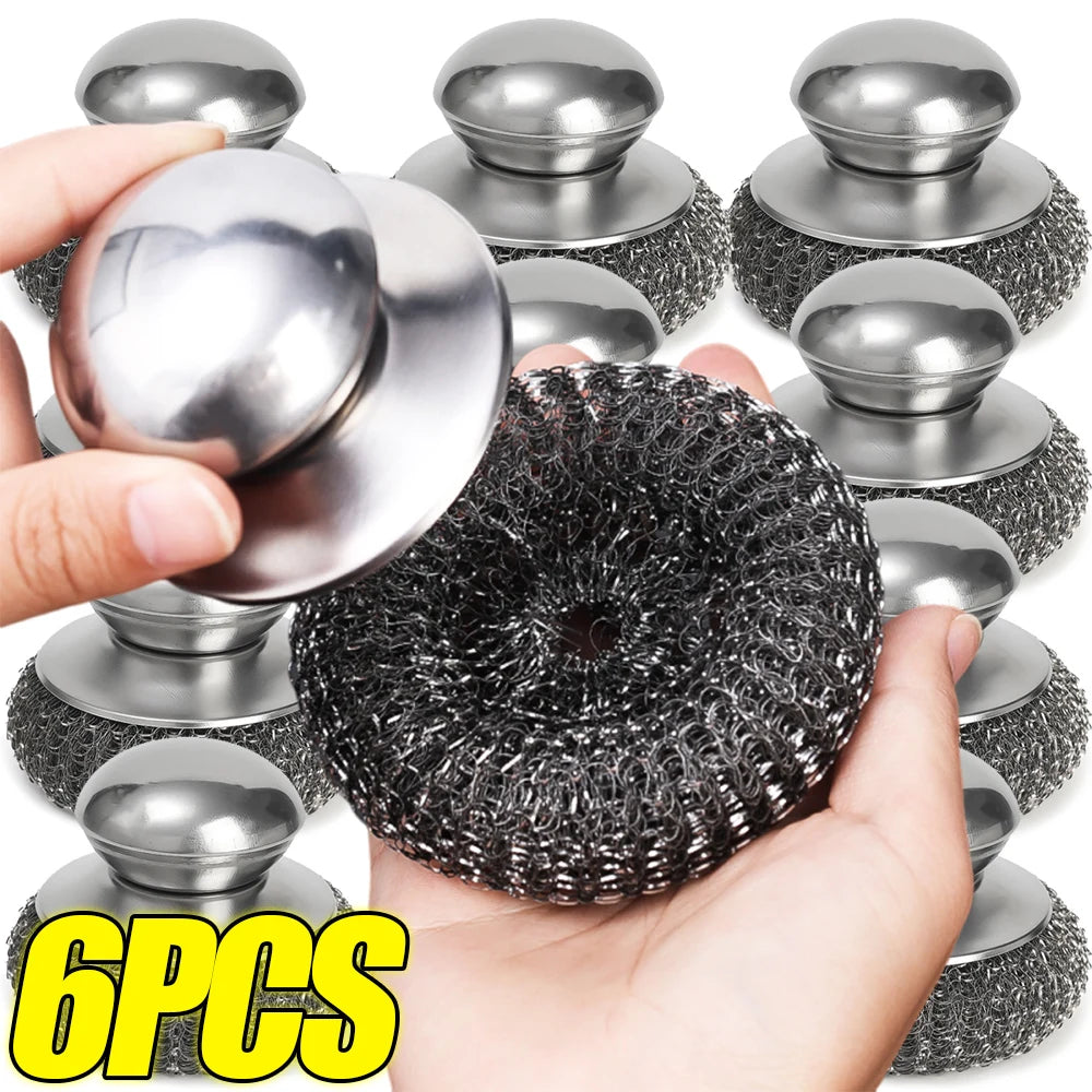 6-1Pcs Kitchen Stainless Steel Washing Brush Metal Sponge Scrubber With Handle For Dishes Pots Pans Grills Sink Cleaning Tools