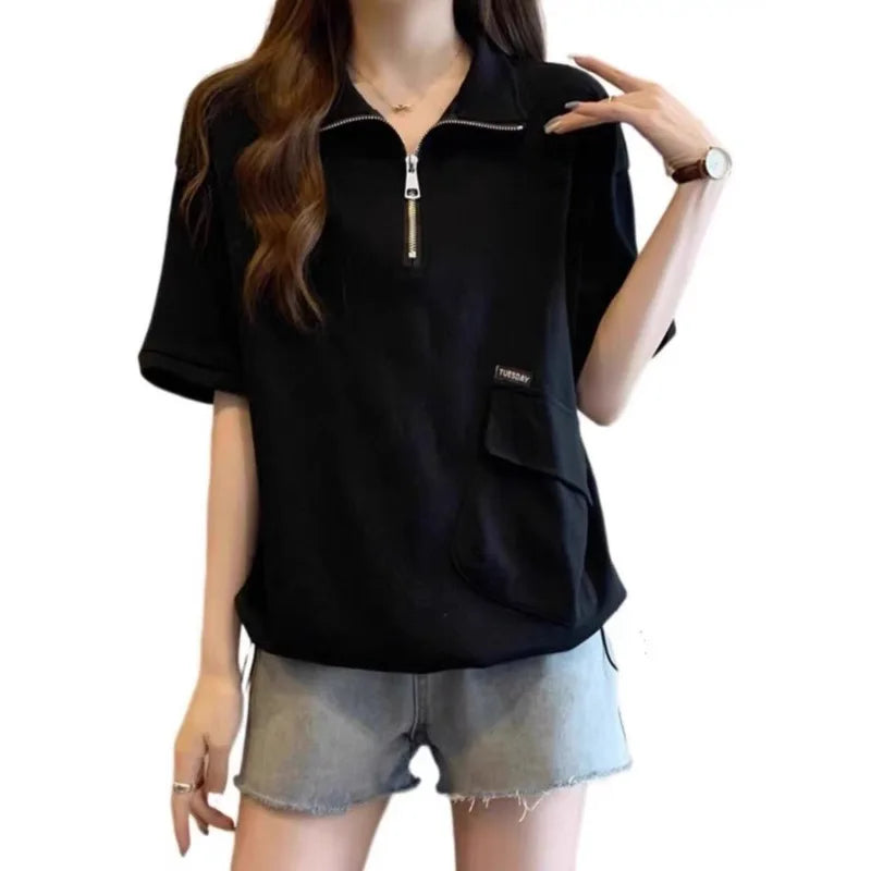 Large size women's clothing spring and summer new solid color casual and thin versatile lapel zipper short-sleeved t-shirt