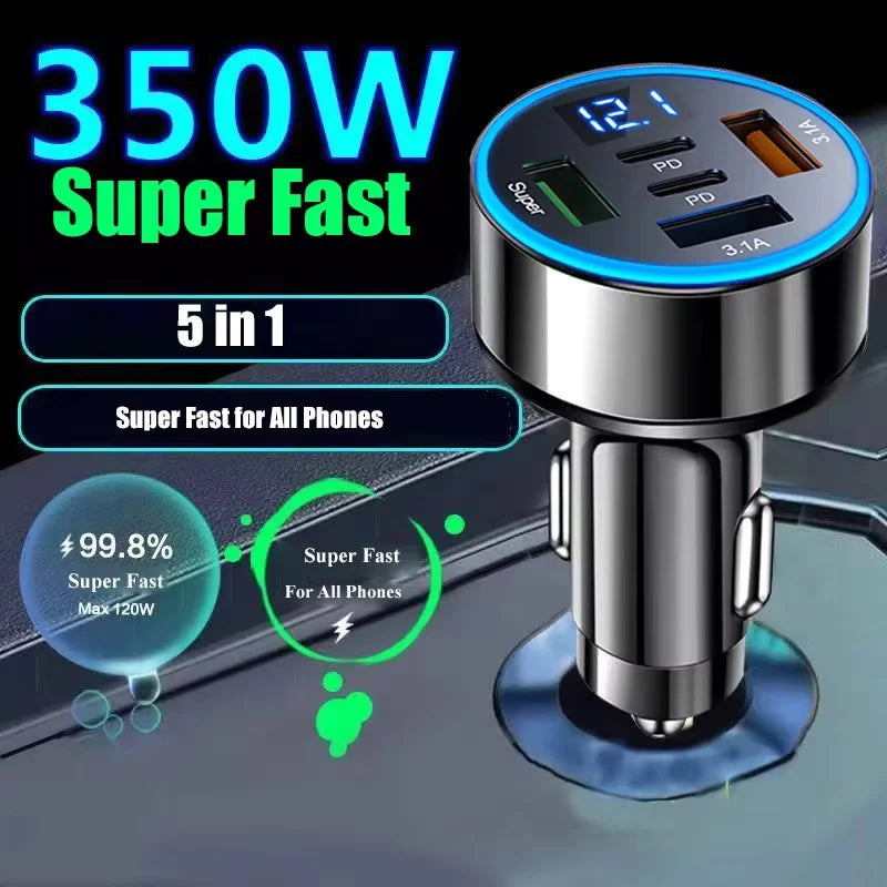 5 in 1 USB Car Phone Charger Adapter with Voltage Display Dual PD Port Super Fast Charge for iPhone Samsung Huawei OPPO