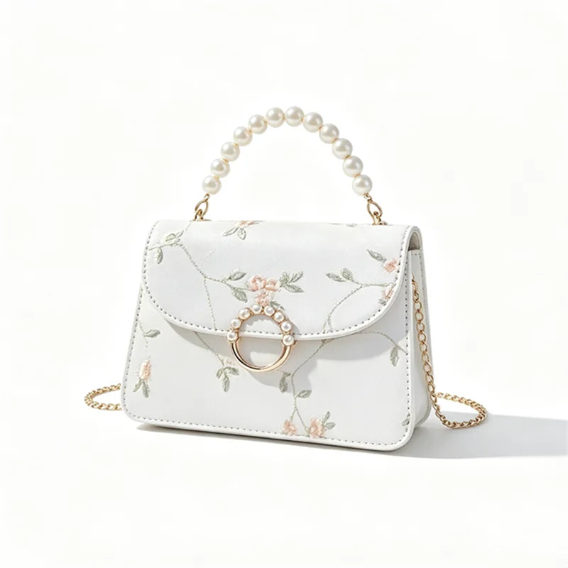 Chic Pearl Handbag for Women Stylish Lace Chain Single Shoulder Bag Synthetic Leather Square Small Tote Bag Women Party Daily