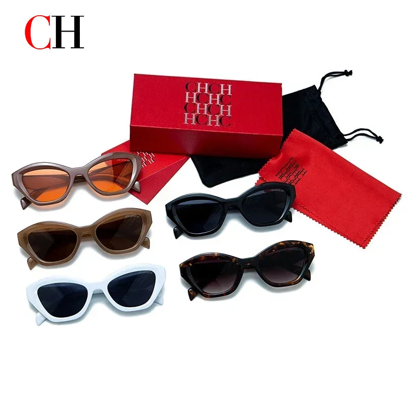 CH Women Cat Eye Sunglasses Set Retro Premium PU Leather Box Fashion UV Protection Cateye Sun Glasses Ladies