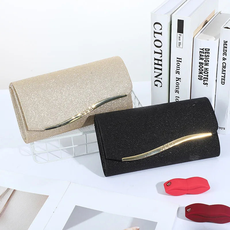 Fashionable Japanese and Korean style ladies' metal-edged elegant evening bag with glitter material high-end single-shoulder cr