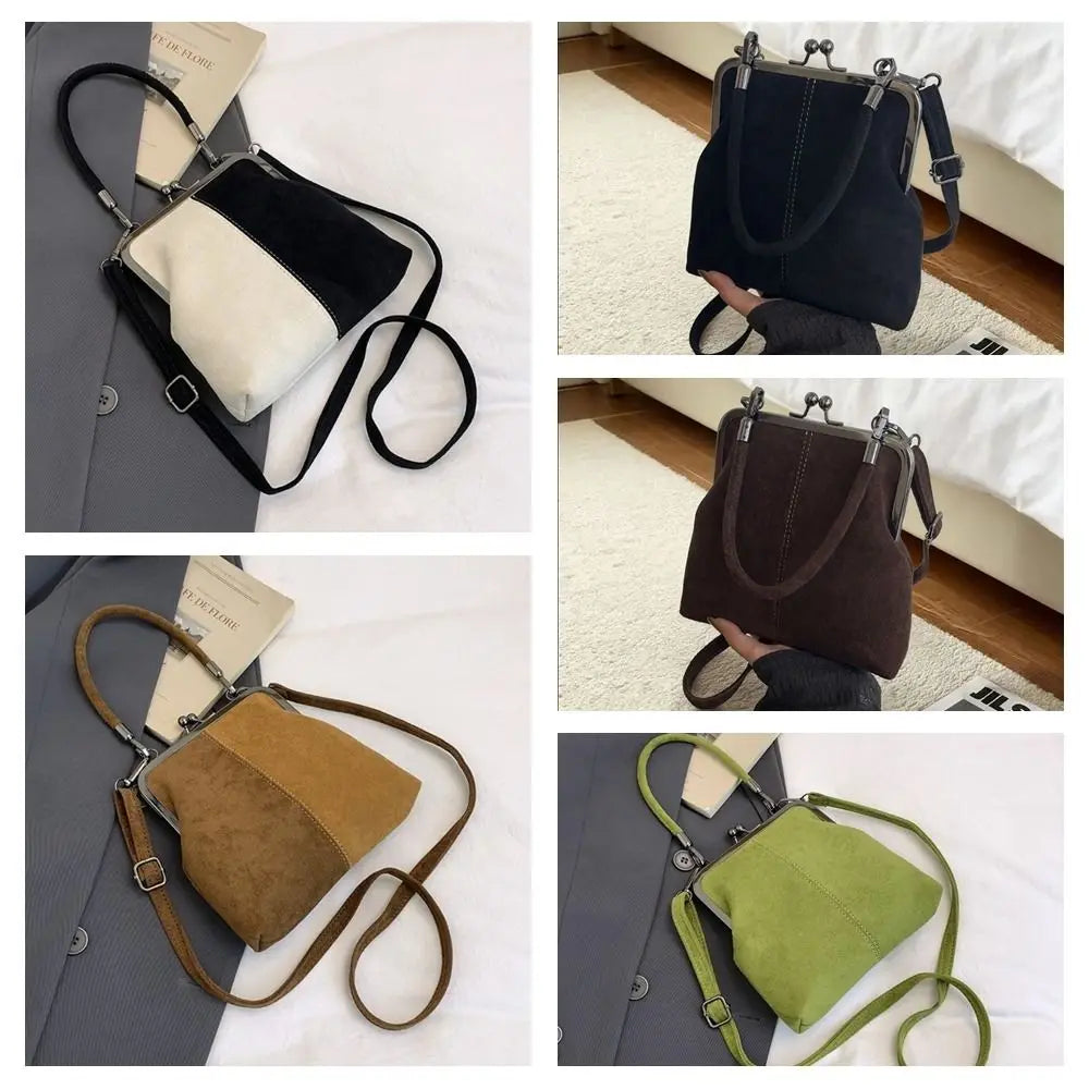 Large Capacity Retro Frosted Handbag PU Short Handle Leather Crossbody Bag Clip Closure Kiss Lock Clutch Shoulder Bag Shopping