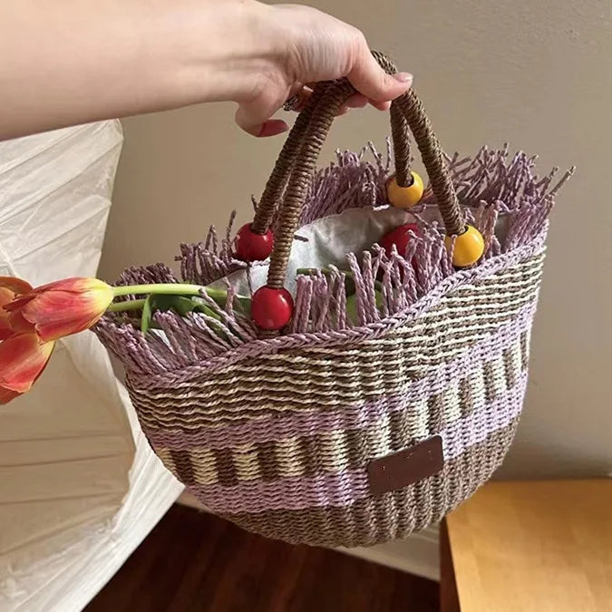 Cute Bucket Bag Picnic Basket Tassel Bead Decorated Hand Woven Grass Handbag Charming Shoulder Bag Women's Fashion Accessory