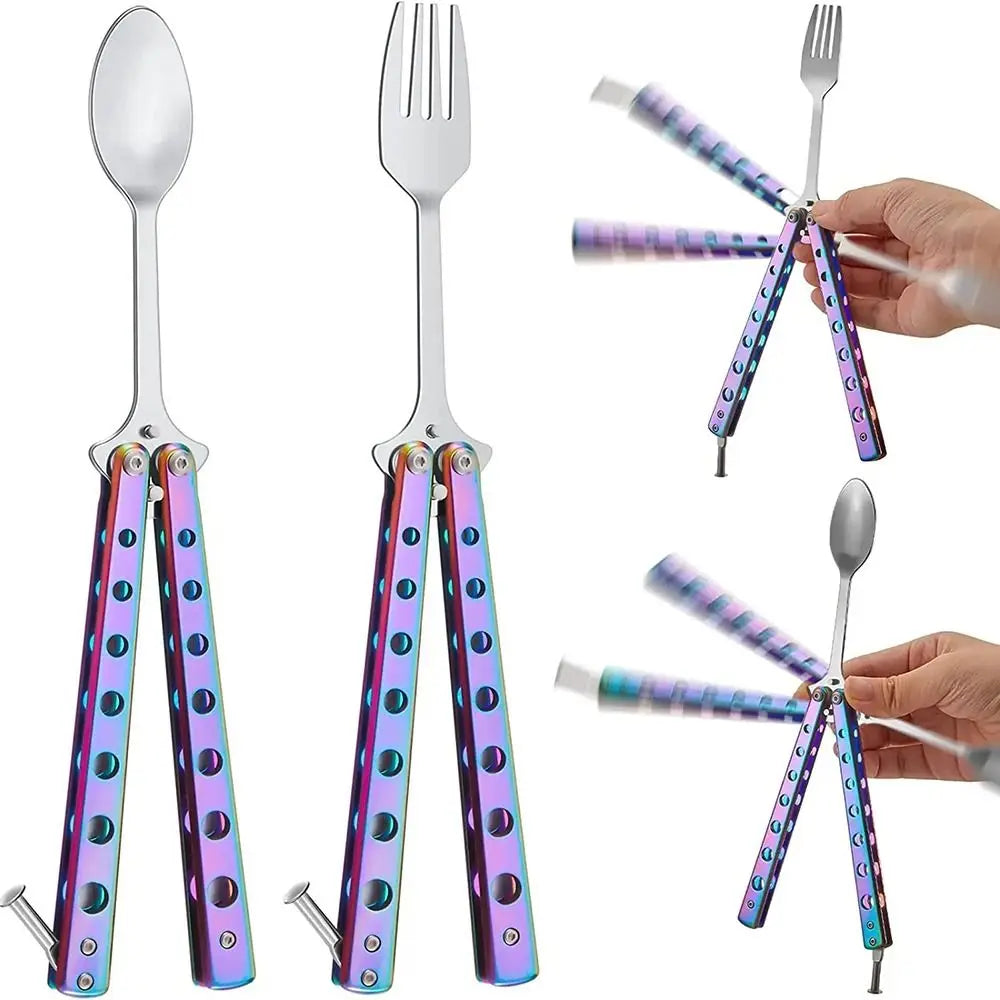 Durable Stainless Steel Butterfly Folding Spoon Fork Practice Training Outdoor Camping Tableware Balisong Training Tool