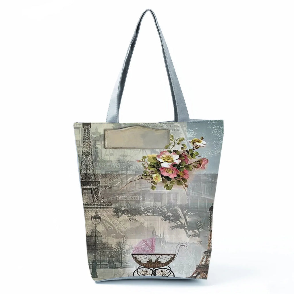 Floral Eiffel Tower Print Tote Bag Paris Landscape Shoulder Bag Fashion Pretty Handbags High Capacity Shopping Bag Eco Beach Bag
