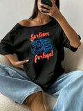100% Cotton Plus Size Sardine Fish Print Shoulder Loose Print T-Shirt Oversized Y2K Style Graphic Tees Women Tops Summer Off