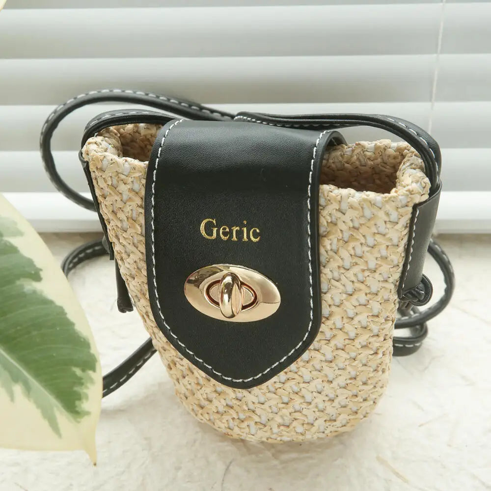 Custom Gold Embroidery Name Mini Straw Crossbody Bag Summer Woven Earphone Lipstick Storage Purse Tiny Leather Flap Shoulder Bag