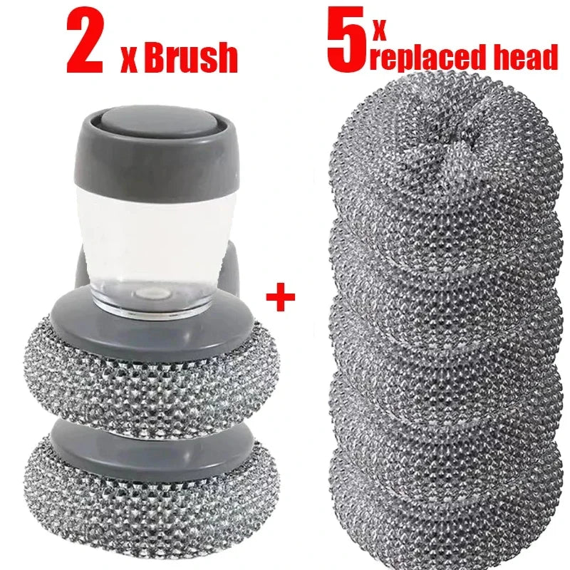 1~5PCs Automatic Liquid Adding Pot Washing Brush Stainless Steel Press Brush Kitchen Tool Household Cleaning Brush