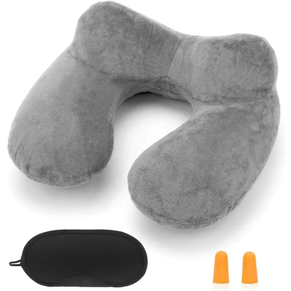 Inflatable Travel Pillow with Soft Velvet Cover & Carry Bag, Neck Support for Airplane, Car, Office & Adult Sleeping