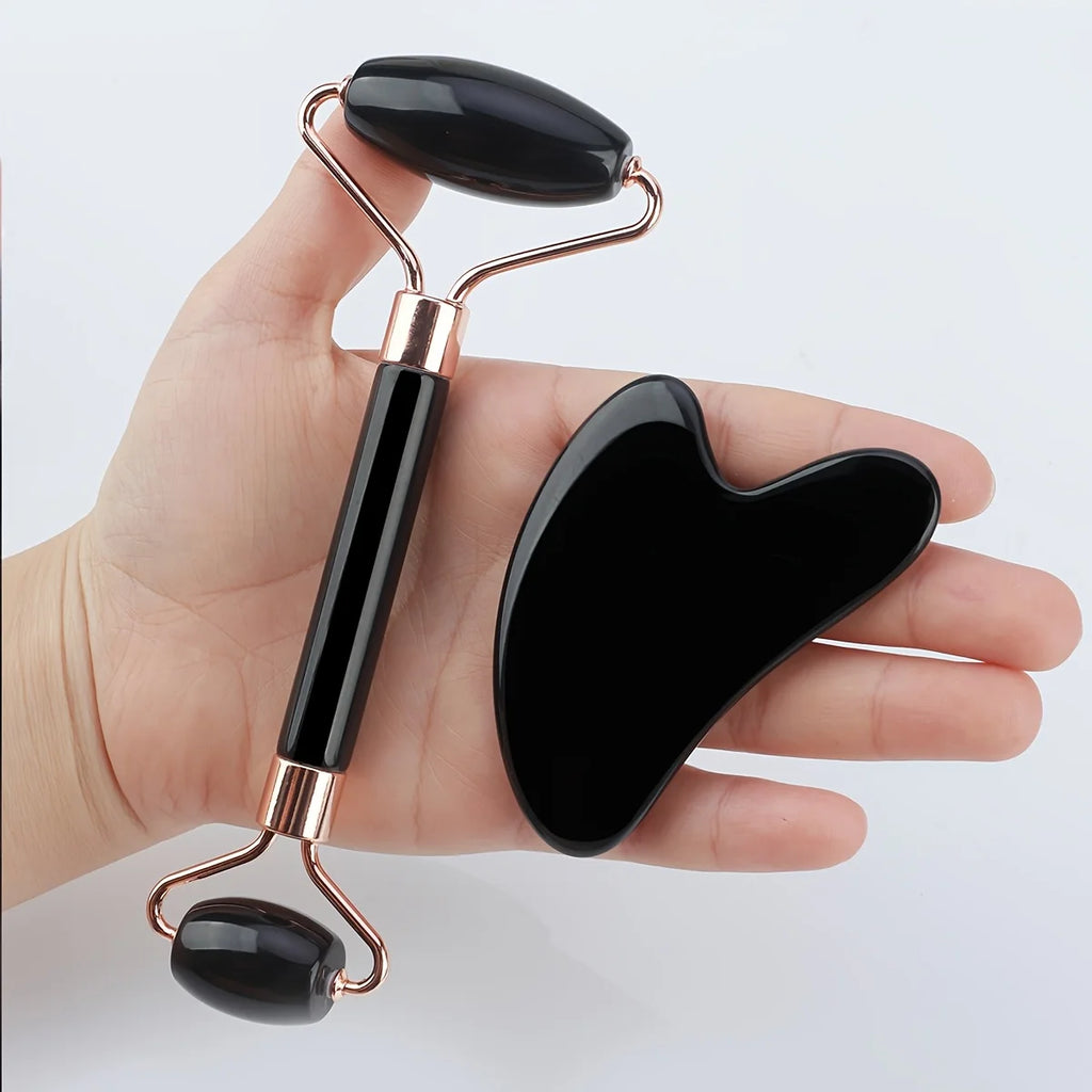 4-piece facial massage tool set, including roller massager, ice bead roller and scraping board, with a toiletry bag