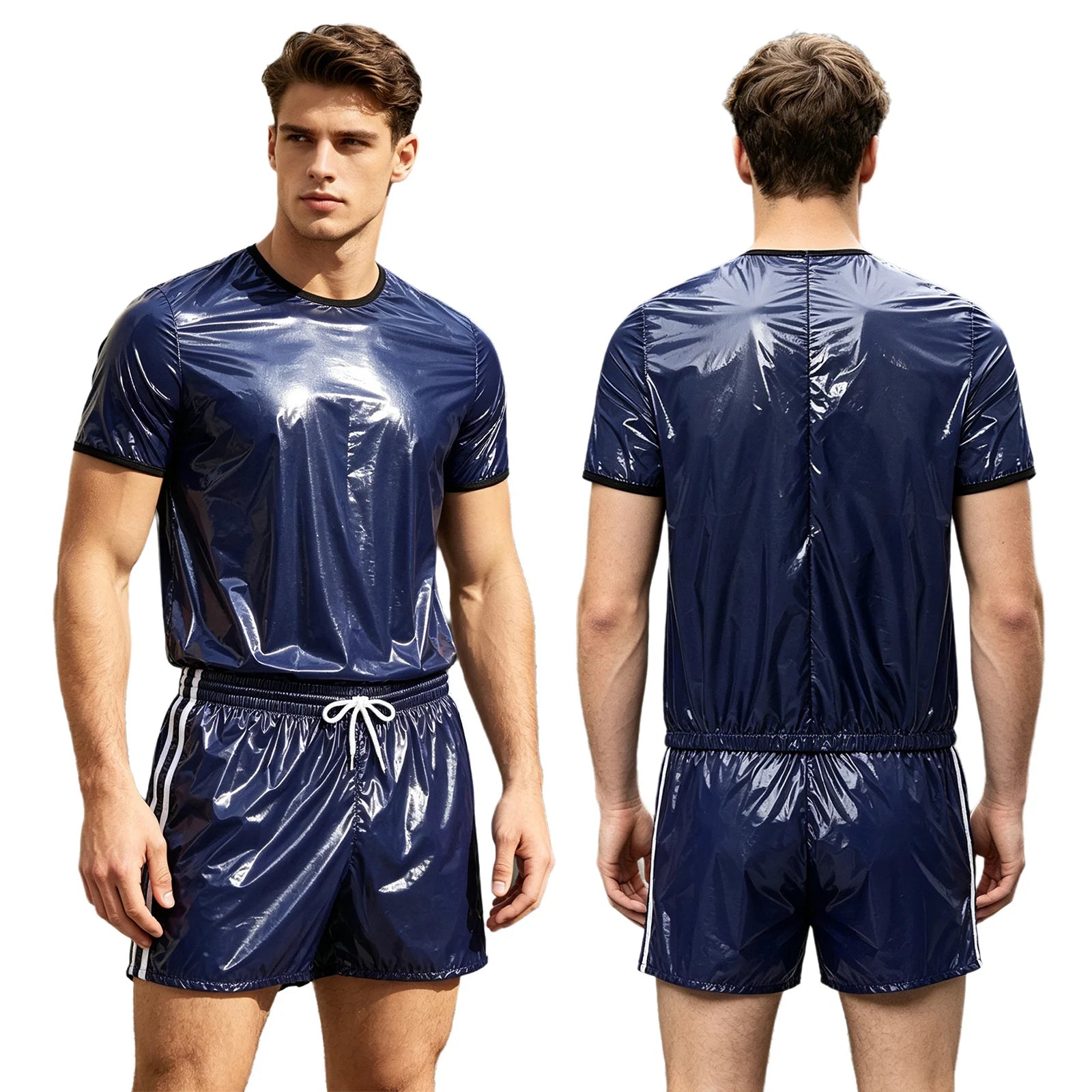 Men Glossy Waterproof Outfit Short Sleeve T-shirt Top with Shorts Built-in Briefs Swimwear Beachwear Clubwear Cycling Sportswear