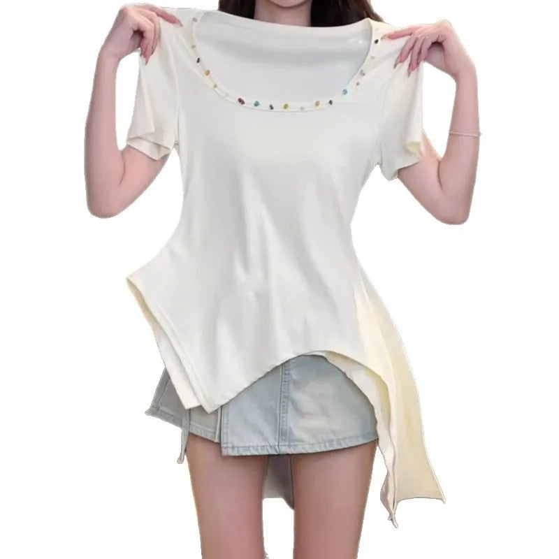 Large size women's clothing summer new solid color commuter style casual square collar split irregular short-sleeved T-shirt