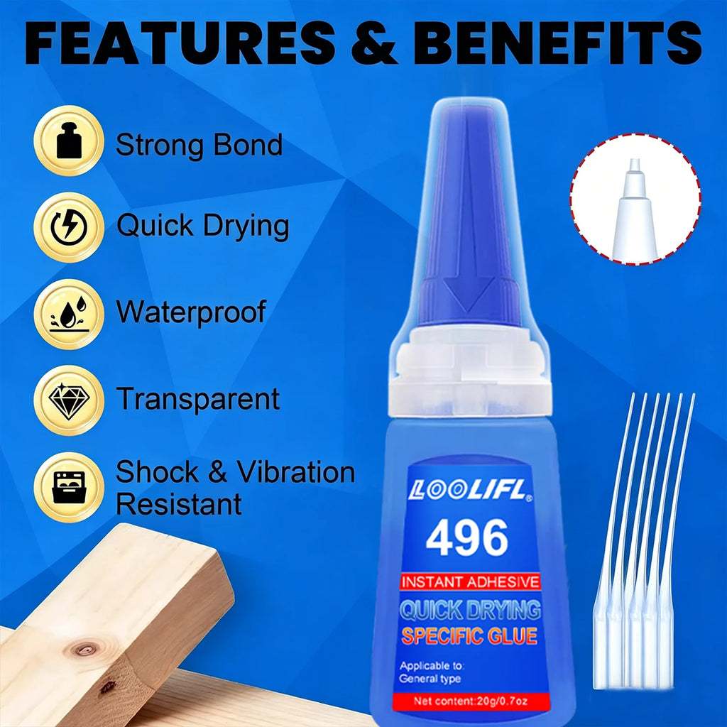 LOOLIFL 496 Super Glue Instant Quick-drying Cyanoacrylate Adhesive Leather Rubber DIY Wood Metal Strong Bond Liquid Glue Tool