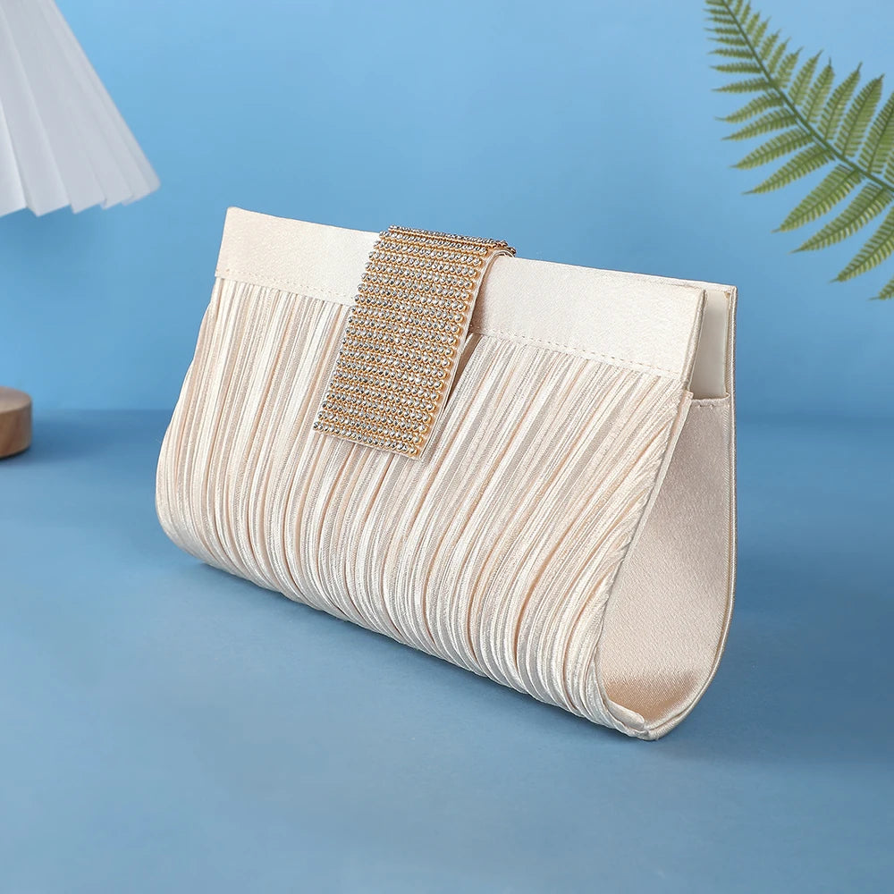 Popular Satin Clutch Bags Bridal Wedding Purse Shiny Pleated Crossbody Shoulder Handbag Rhinestone Evening Bags For Party