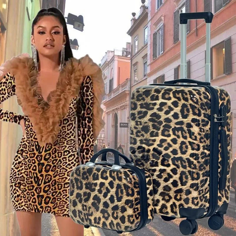 Women's Leopard Print Luggage 20 Inch - Silent Spinner Wheels Trolley Case, Fierce Animal Pattern Carry On Suitcase for Ladies