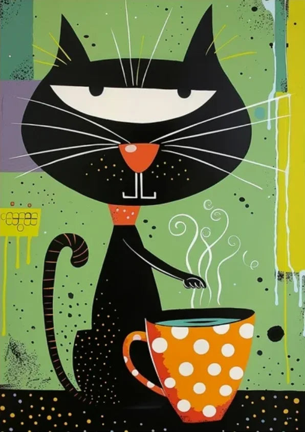 Whimsical Black Cat Drink Coffee Poster For Bedroom Nursery Cartoon Animal Canvas Painting Cute Cat Illustration Print Wall Art