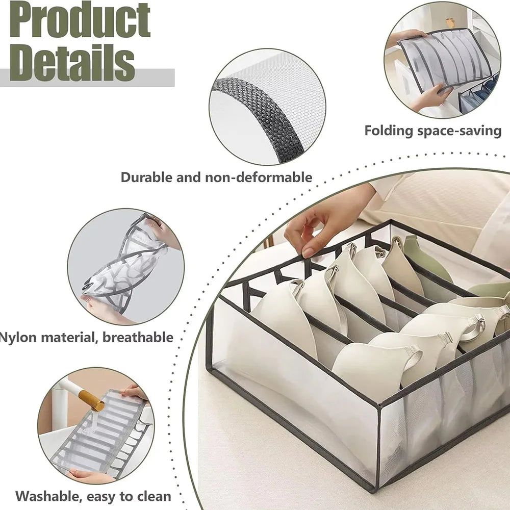 3-Pack Home Storage Boxes Foldable Plaid Underwear Combination Bags - Nylon Drawer Dividers for Socks Panties and Underwear