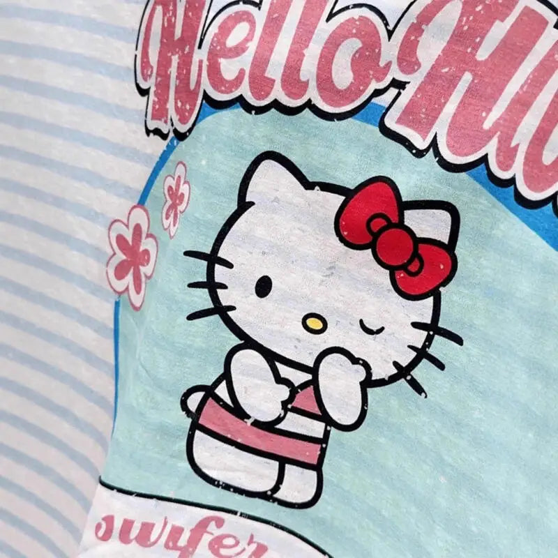 Women's T-Shirt Hello Kitty 2026 Summer Age-Reducing New Style Milk Blue Striped Thin Sunscreen Long-Sleeved Top Versatile Print