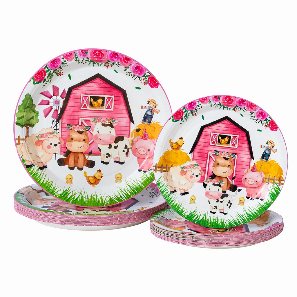 Floral Farm Animal Disposable Paper Plates 7/9 Inch Round Dessert Plates for Girls Birthday Baby Shower Decor
