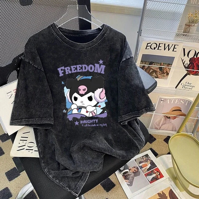 Kuromi Summer New T-Shirt Men and Women American Retro Washed Cotton Loose Distressed Short-Sleeved T-Shirt Tops Cartoon Print