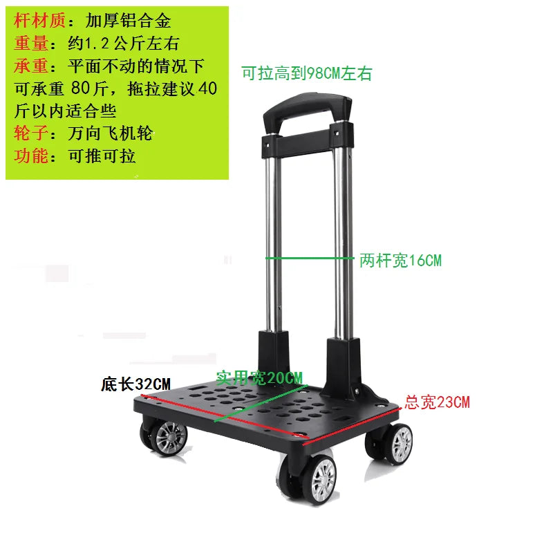 Portable Lightweight Aluminum Alloy Wheelbarrow Hand-Pulled Cart Foldable Brake Function Handy Shopping Car for Easy Storage