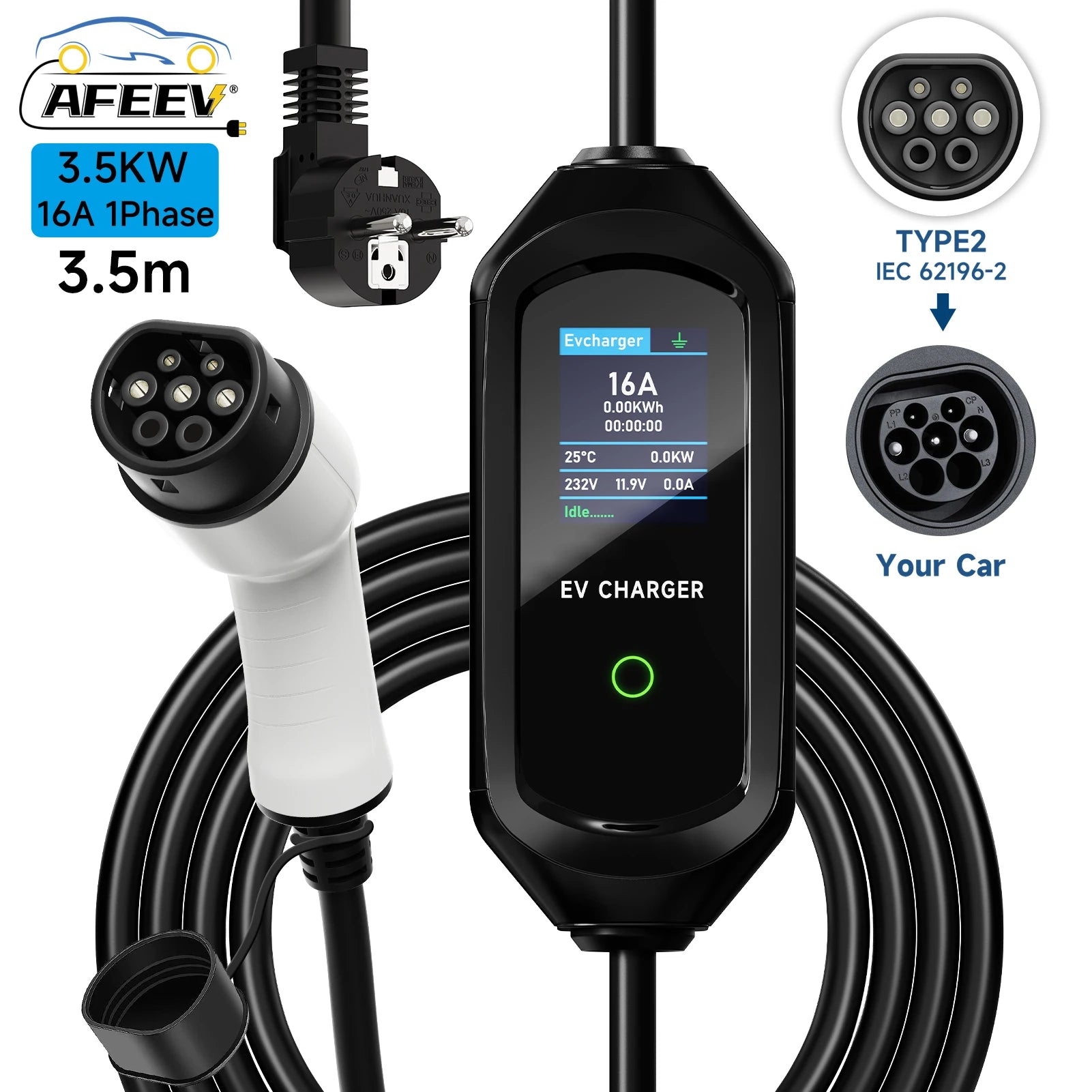 AFEEV Portable EV Charger Type2 IEC62196-2 16A EVSE Fast Charging Cable Type1 SAE J1772 Wallbox 3.5KW GBT Electric Car Charger