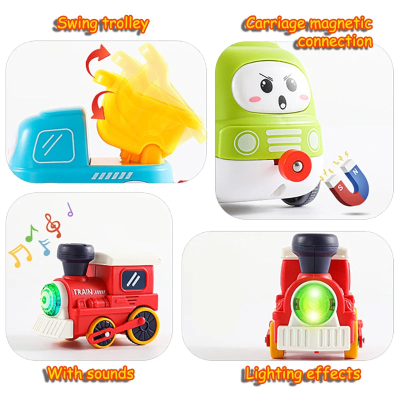 Steam Train Track Toys Electric Magnetic Blow Balls Cartoon Spray Car Models Sound Light Engineering Vehicles Children Toy Gifts