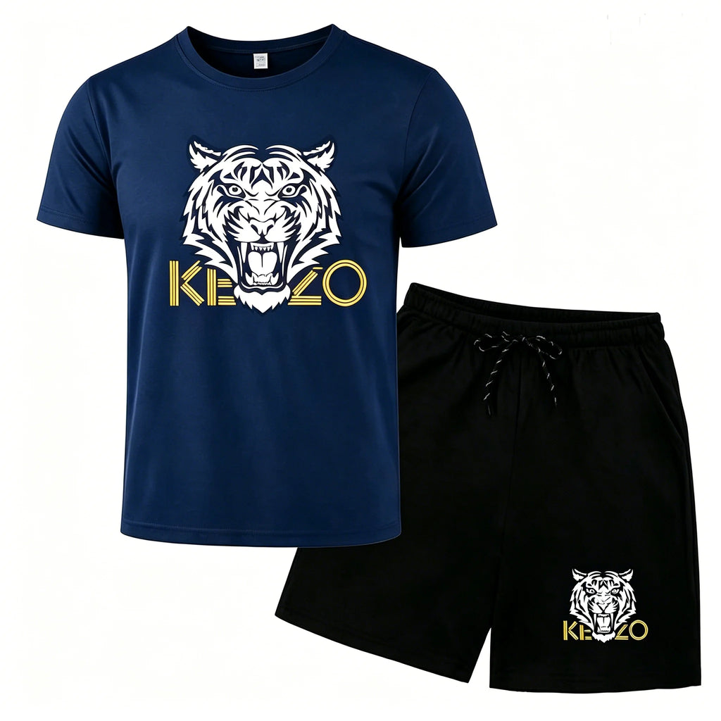 Summer new tiger head print casual suit men's short sleeved T-shirt+shorts two-piece set