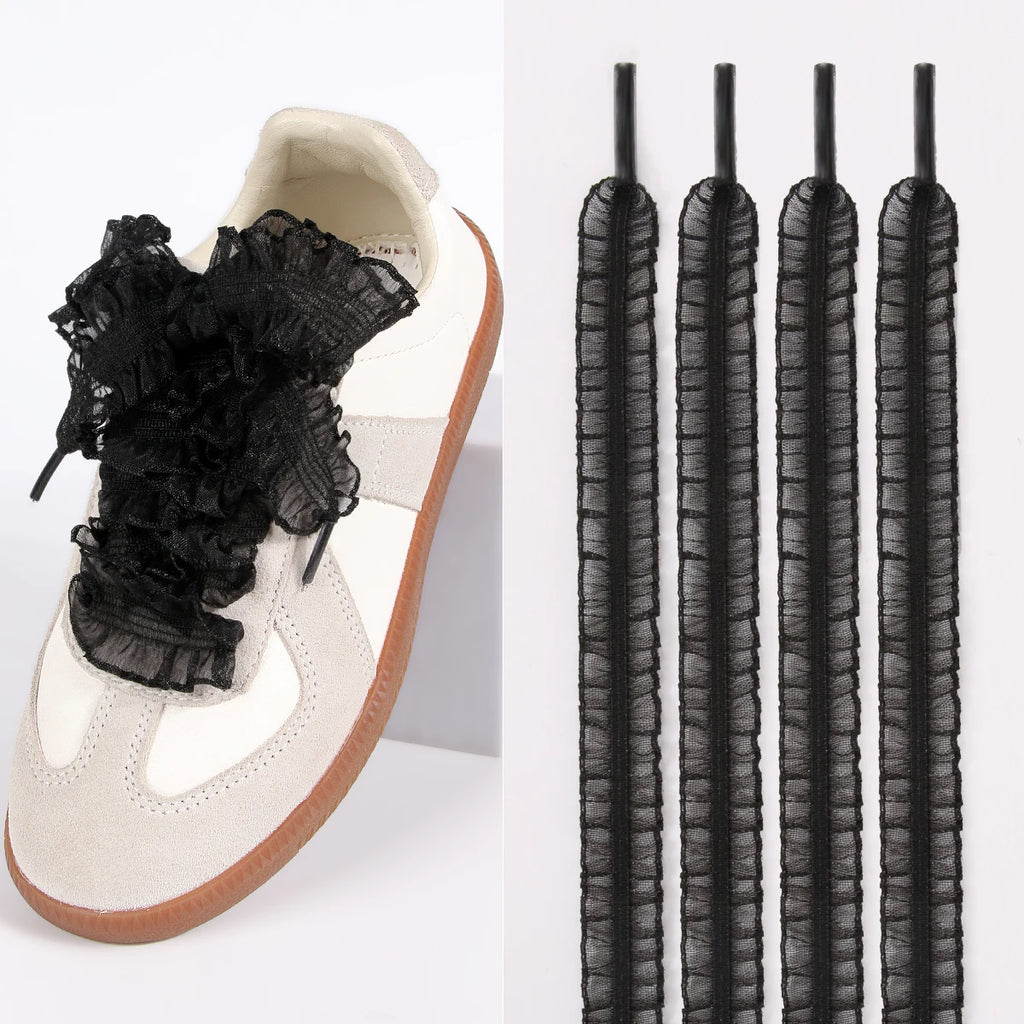 1 pairs Elastic Lace Shoelaces with Ruffled Trim - Fairy wind shoelaces with wooden ear edge（white/black）