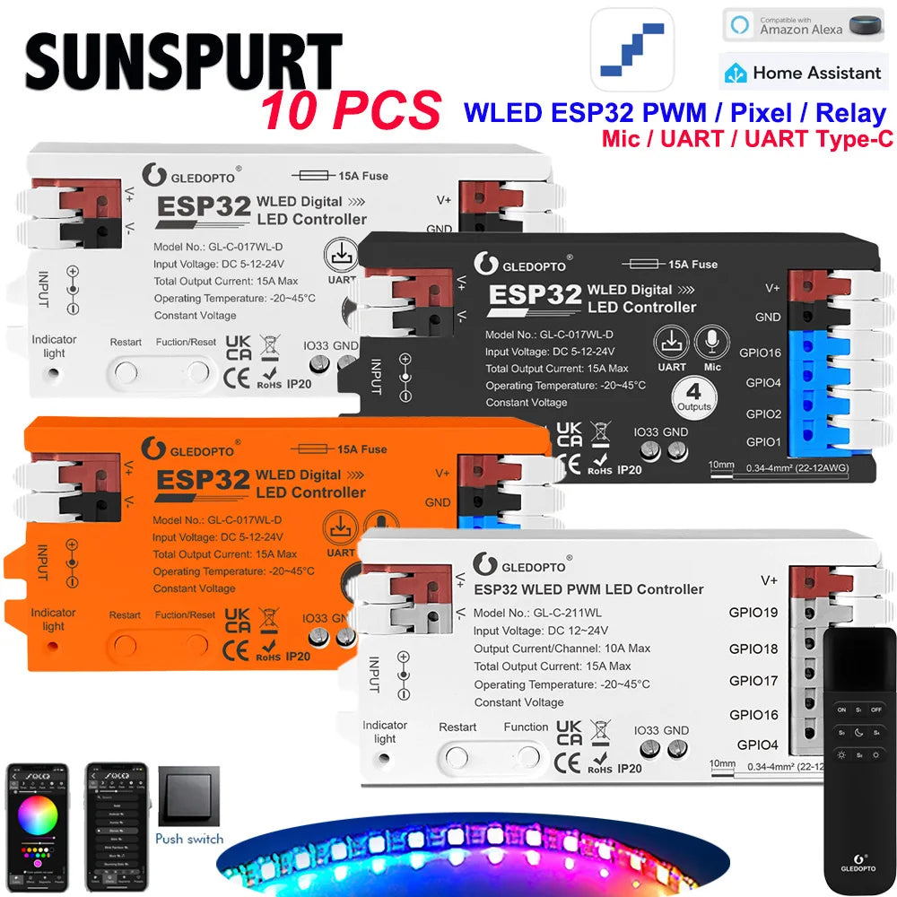 5GLEDOPTO ESP32 PWM WLED Dynamic LED Controller 5 in 1 DC12-24V WIFI App Control for RGBCCT RGBW RGB CCT DM WS2811/2B/3/5 Strip