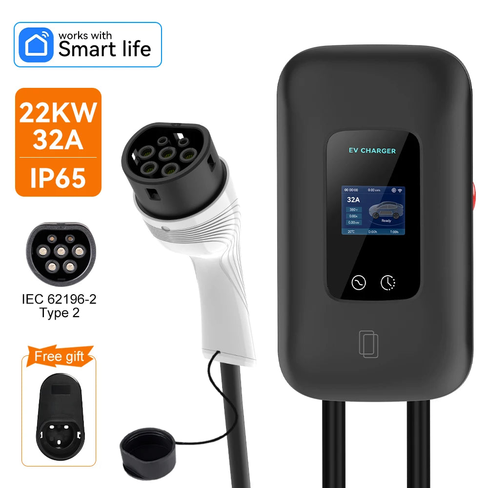 IPENGEN Type2 EV Charger Station 32A 7KW Charging Station 11KW 22KW 3Phase IEC 62196-2 EVSE Wallbox Smart Wireless APP Control