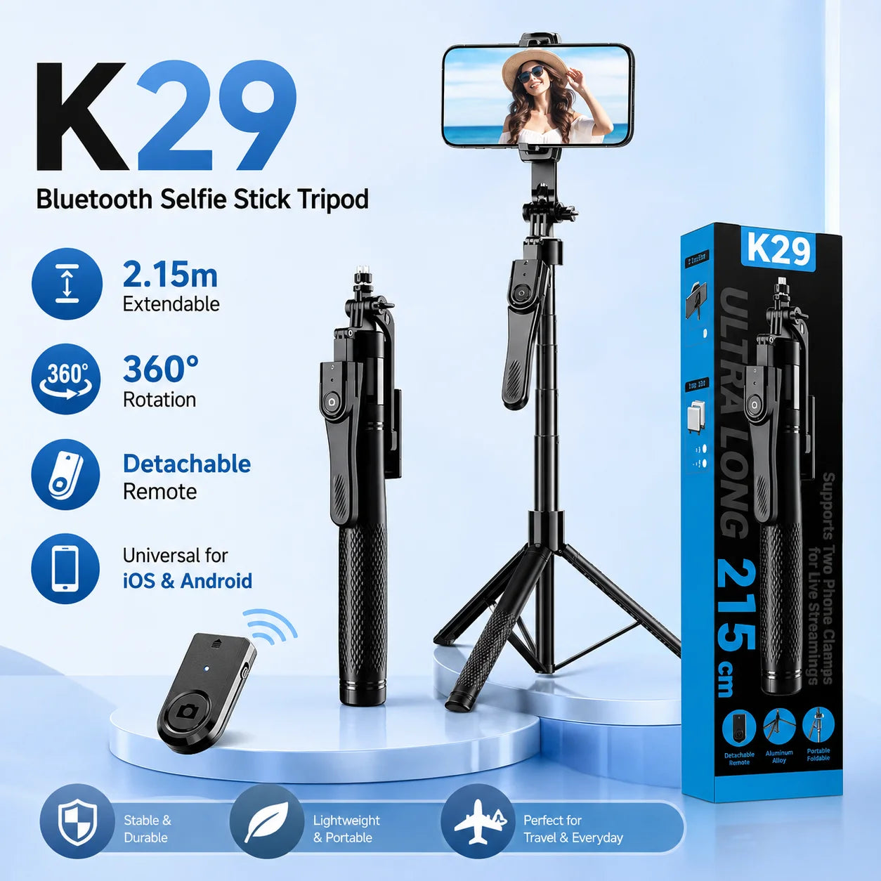 2M Extendable Bluetooth Selfie Stick Tripod, K29 Universal Phone Holder with Remote Control, Stable Handle for Vlog Live Streami
