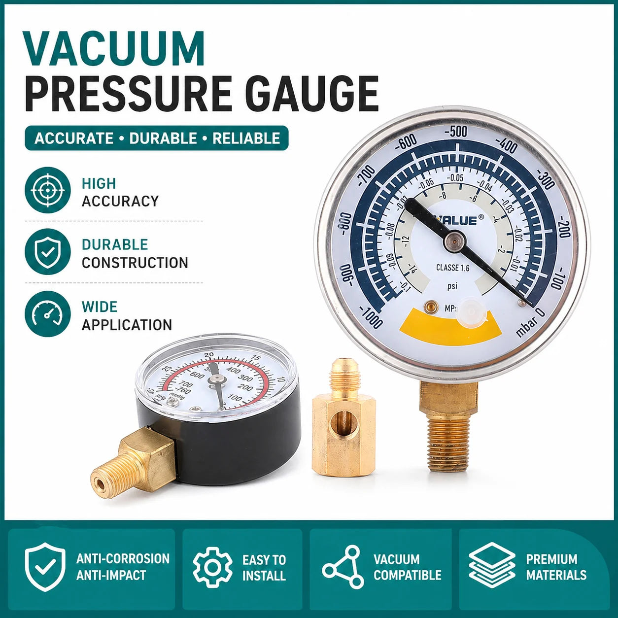 63mm Vacuum Gauge Pressure Gauge Accurate Air Gauge Instrument for Vacuum Pump 0-14psi Dial Display G1/8in Connector