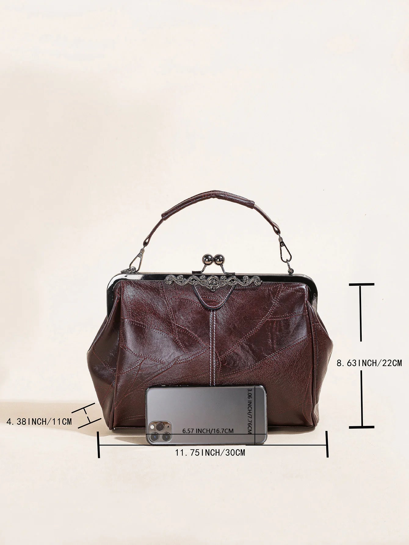 Ladies Soft Retro Leather Large Capacity Kiss Lock Portable Shoulder Crossbody Women Handbag Cell Phone Bag Clutch Bag