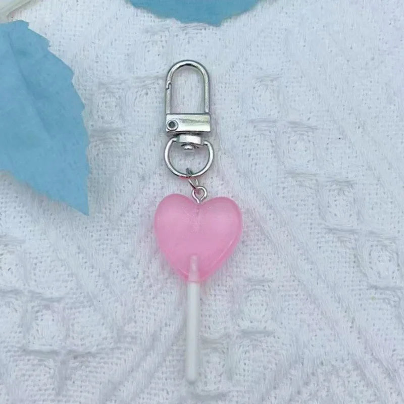 9pcs Sweet simulation color translucent resin heart-shaped lollipop keychain candy pendant bag accessories for daily girls