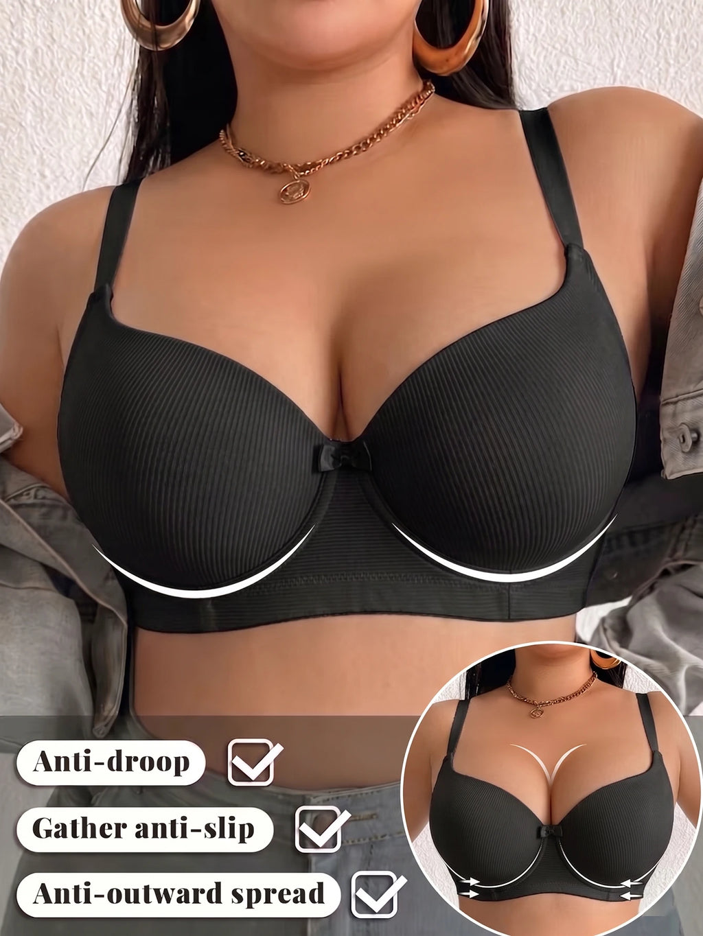 Full Coverage Women Plus Size Bra Ribbed Underwire Push Up Bra Thin Cup Minimizer Solid Basic Skin-Friendly Comfortable Bra
