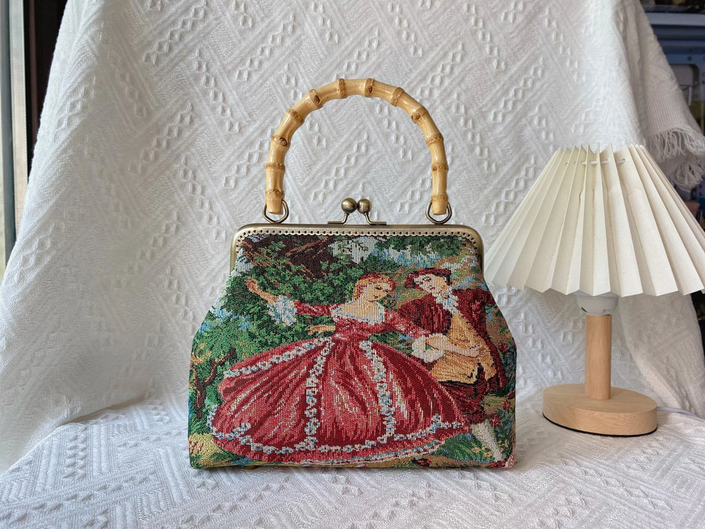 Lost in Vintage 1950s Tapestry Figural Purse Aubusson Clutch Figural Bamboo Handle Bag Vibrant Scenic and Romantic Figures Lamb