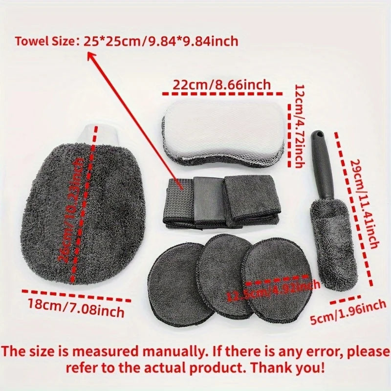 9pcs Ultimate Car Maintenance Kit: Premium Microfiber Towels, Car Wash Gloves, Detail Cloths, Waxing Sponges, and Wheel Brushes