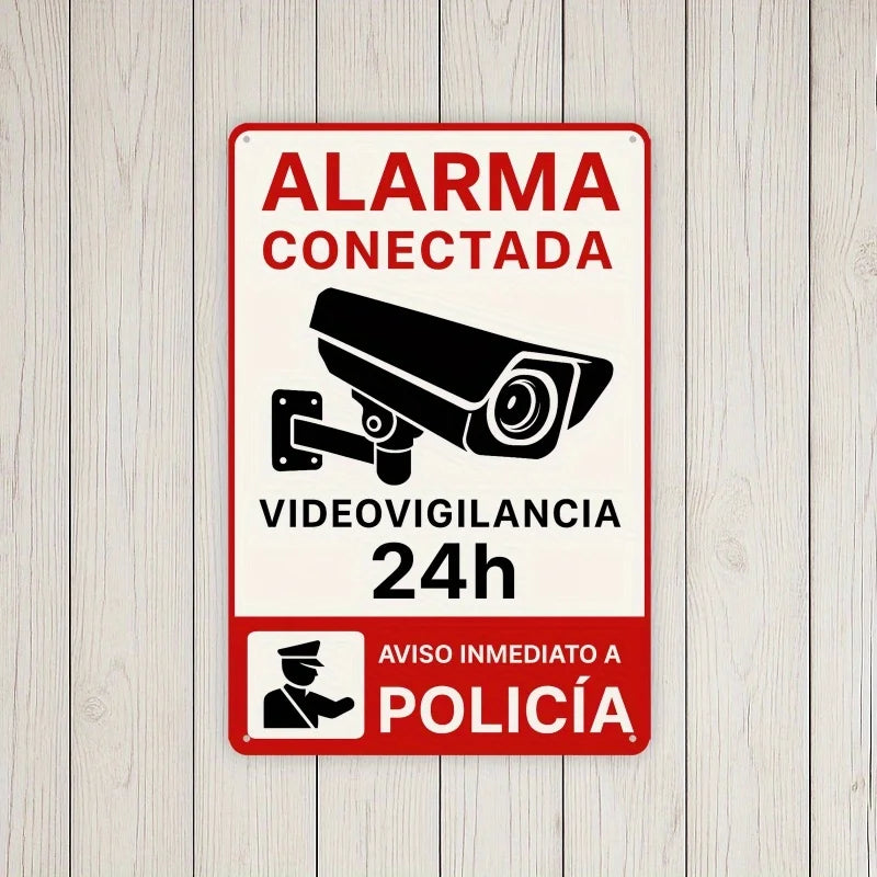 Spanish "Surveillance Alarm Notice" Metal Sign -   Vintage Security Camera & Alarm System Wall Art, Easy to Install, Durable Me