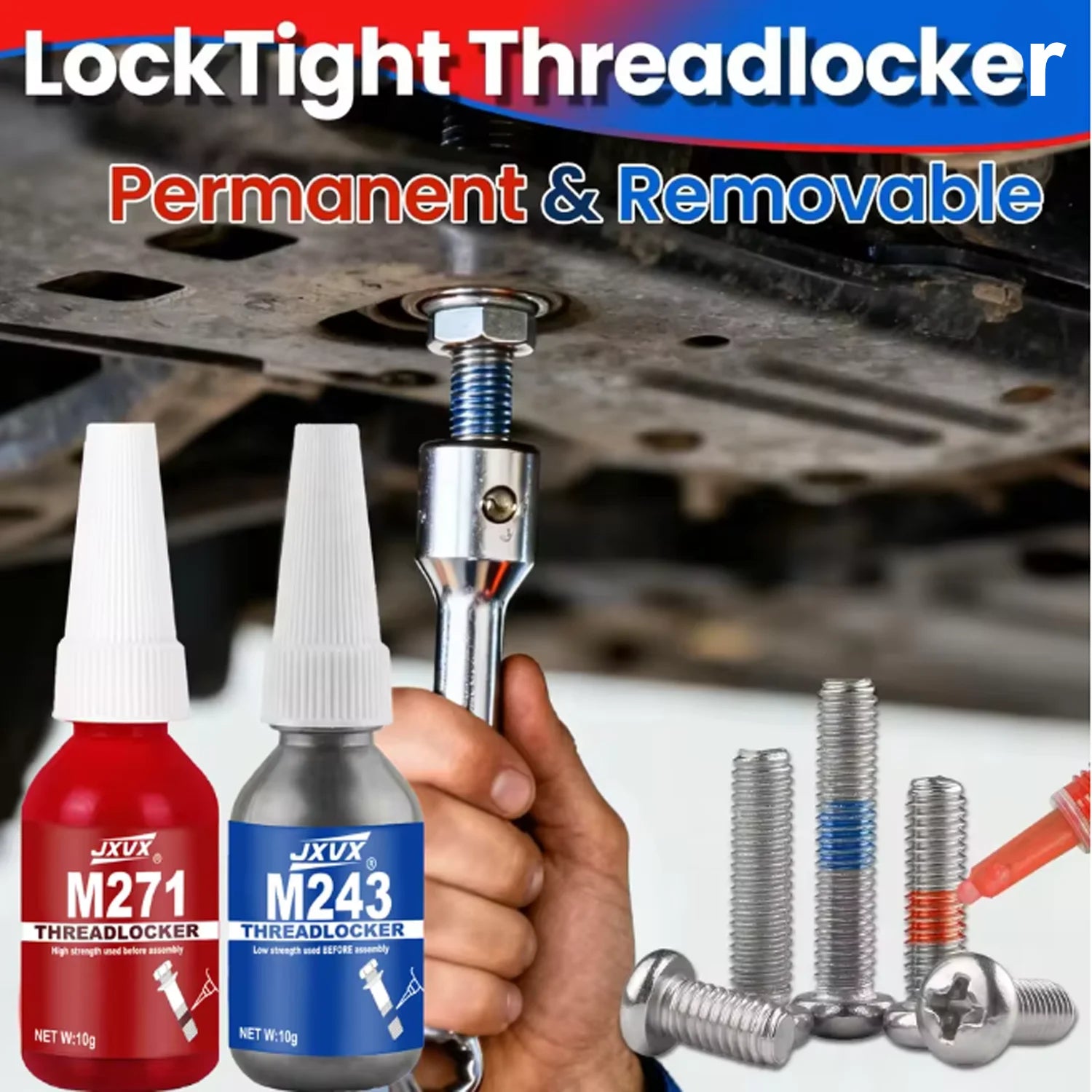 JXVX 271 243 threadlocker, high to medium strength thread locking agent, anaerobic adhesive, waterproof screw glue, non-slip.