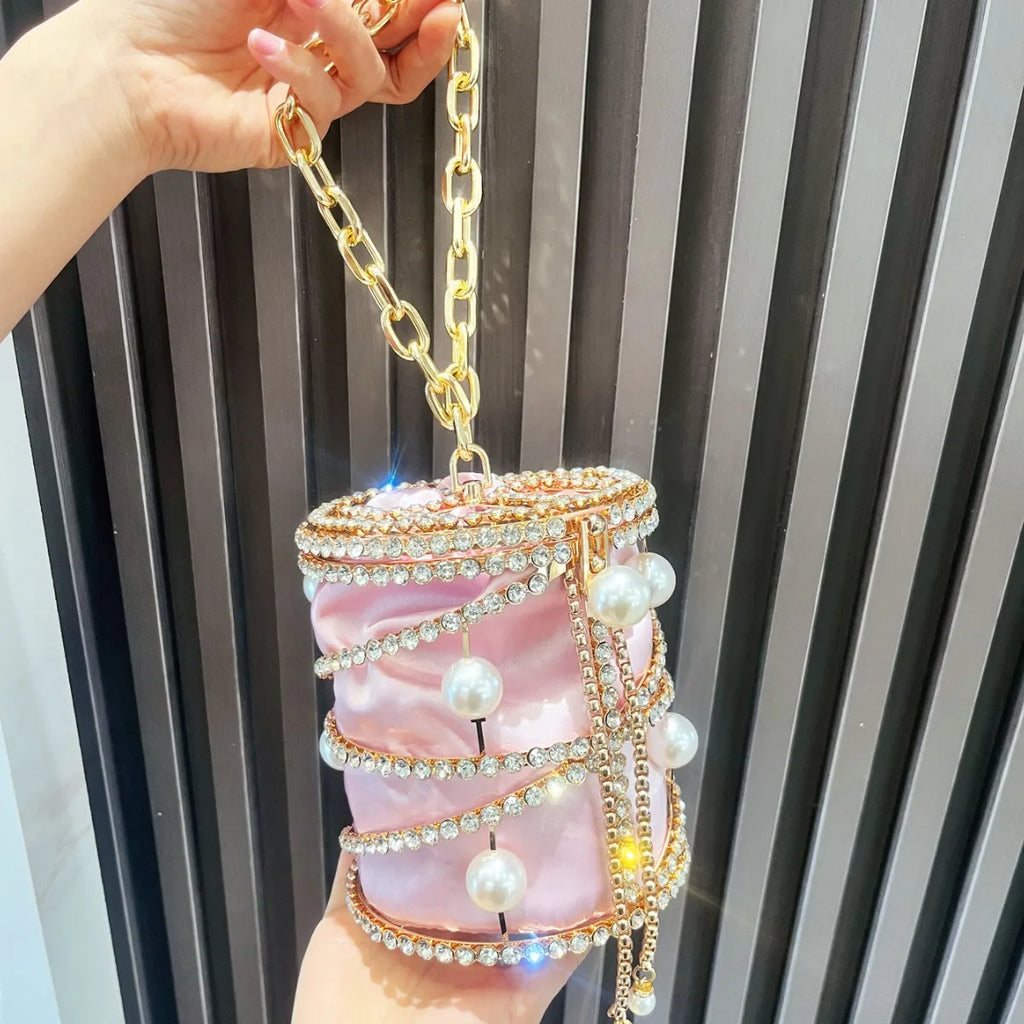 2025 New Women's Metal Bucket Bag Diamond Embedded Handbag Drawstring Chain Pig Cage Bird Cage Handheld Bag Alloy Material
