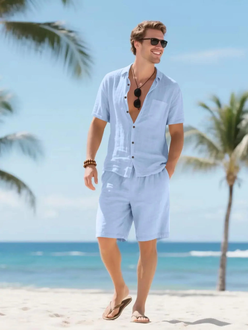 Men's Classic Solid Color Linen Breathable Shirt & Shorts Set, Regular Fit Casual Short Sleeve Button Down Top & Shorts, Men's