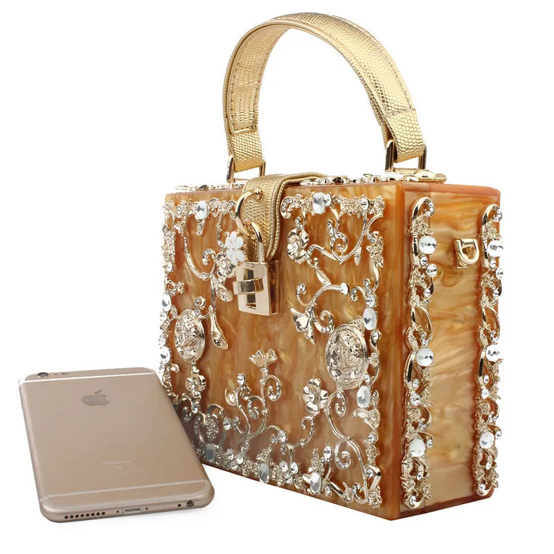 Box Designer evening bag diamond flower Clutch Bag hollow relief Acrylic luxury handbag banquet party purse women's Shoulder bag