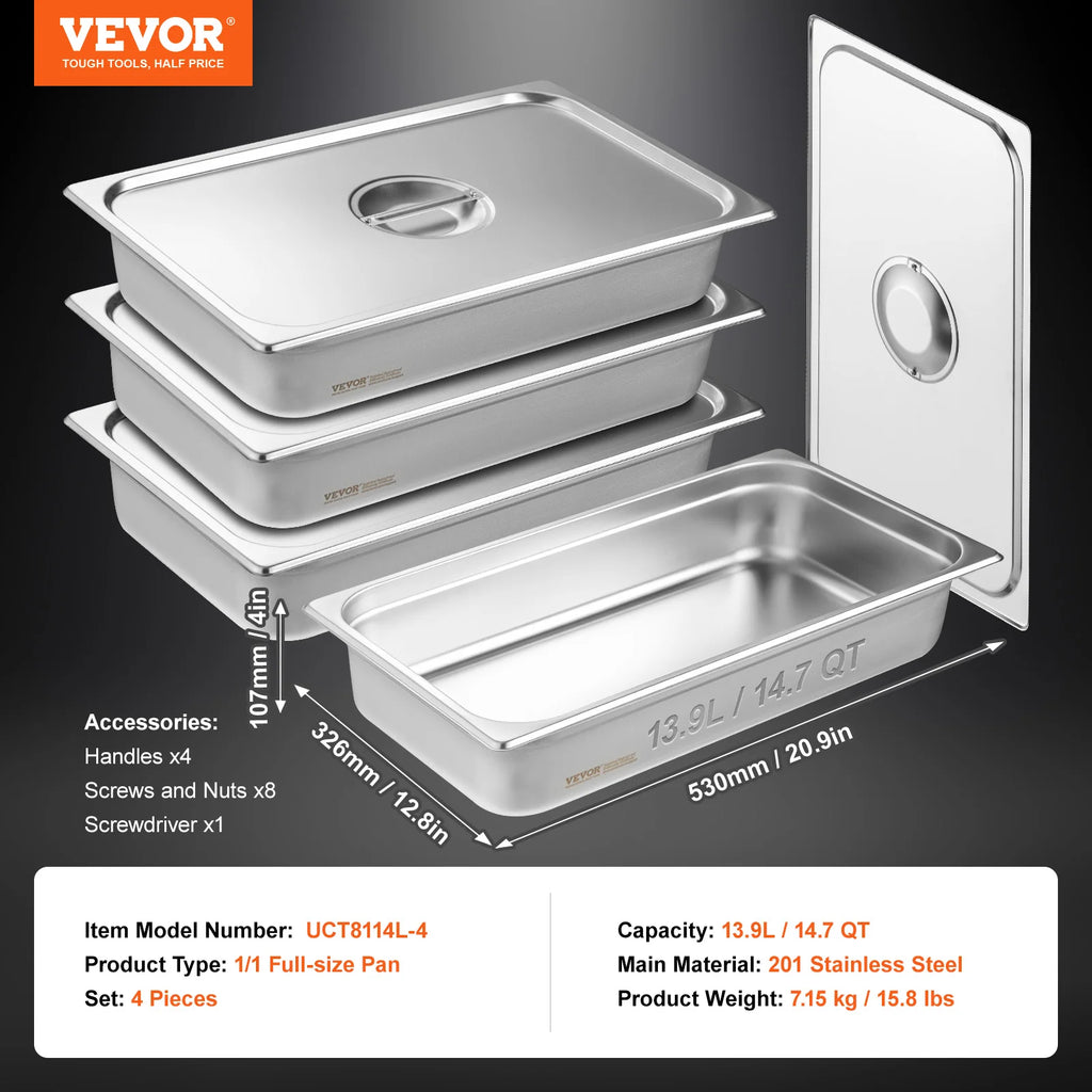 SucceBuy 4Pack Hotel Pans Full Size Anti-Jam Steam Pan with Lid Stainless Steel Steam Table Pan 4-Inch Deep Commercial Table Pan
