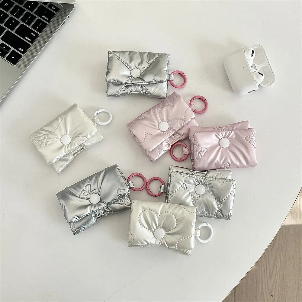 New Cute Heart Earphone Bag for Women Soft PU Leather Bow Headphone Storage Bag Silver Bluetooth Headset Earphone Case Gifts