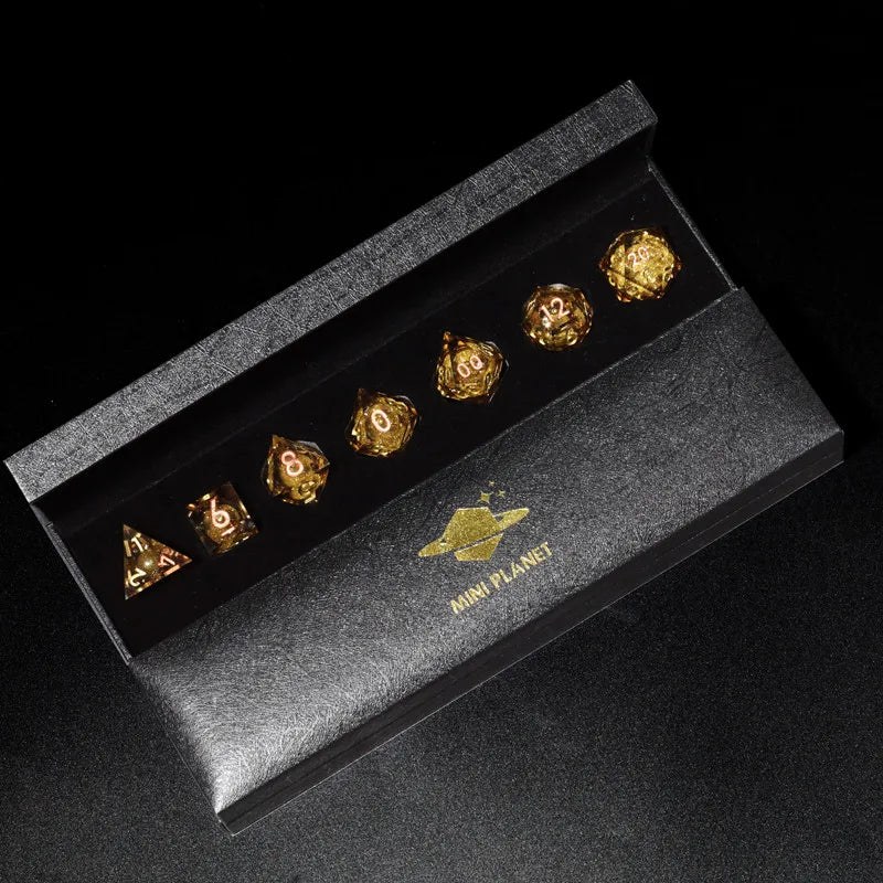 MINI PLANET Gold Sand Liquid Core Dice D&D Set Handmade Polyhedral Resin Dice With Sharp Edge For TRPG DND D6 D20 Dice Games