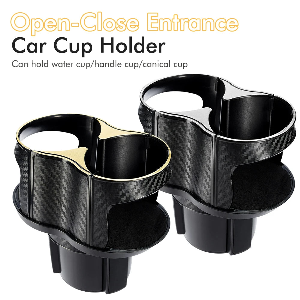 Car Dual Cup Holder Expander - 1-to-2 Design, Carbon Fiber Style, Universal Auto Cup Storage Rack for Drinks & Mugs