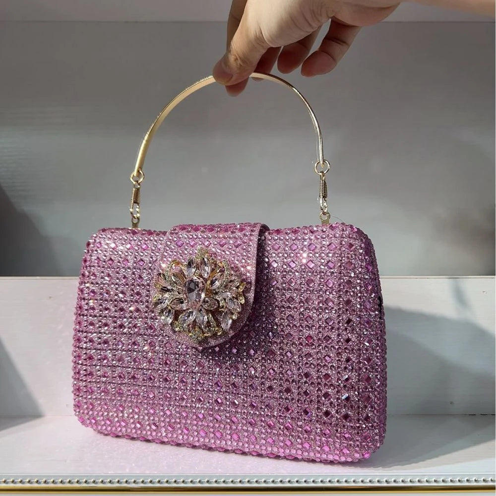 Luxury Sparkling Rhinestone Clutch Bag Crystal Evening Purse with Metal Handle Diamond Chain Handbag for Wedding Party Dinner