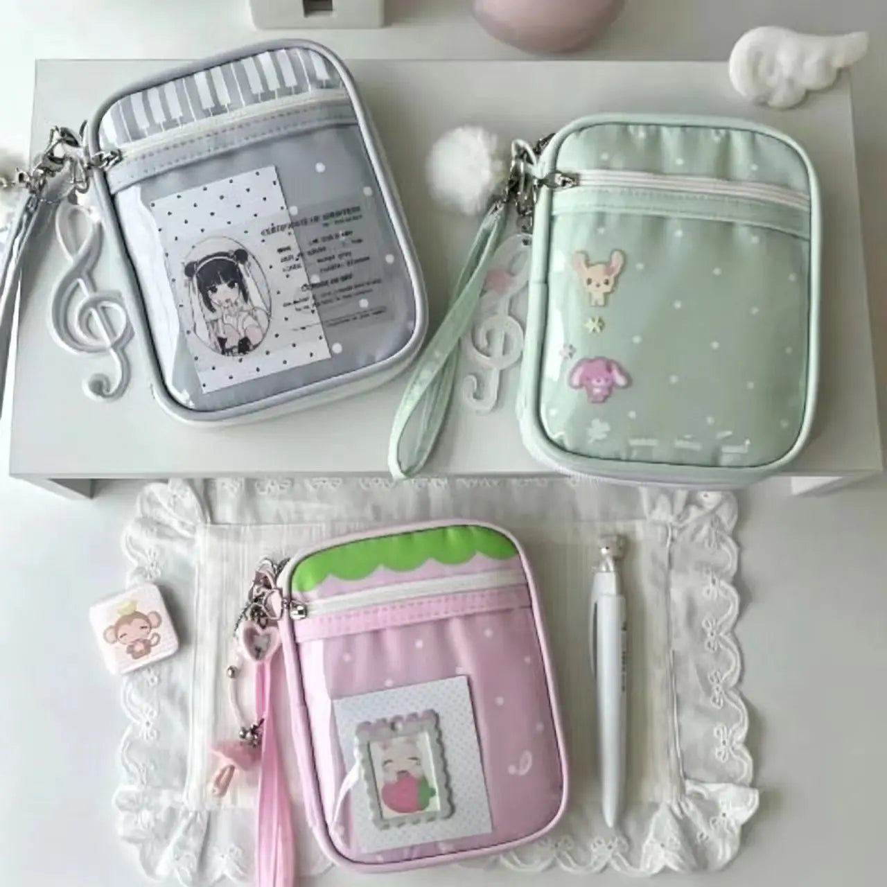 Kawaii Ita Bag Pouch, Transparent Window for Anime Badge/Photocard Display, Soft Girl Style Storage Bag for Small Items, Card Ho
